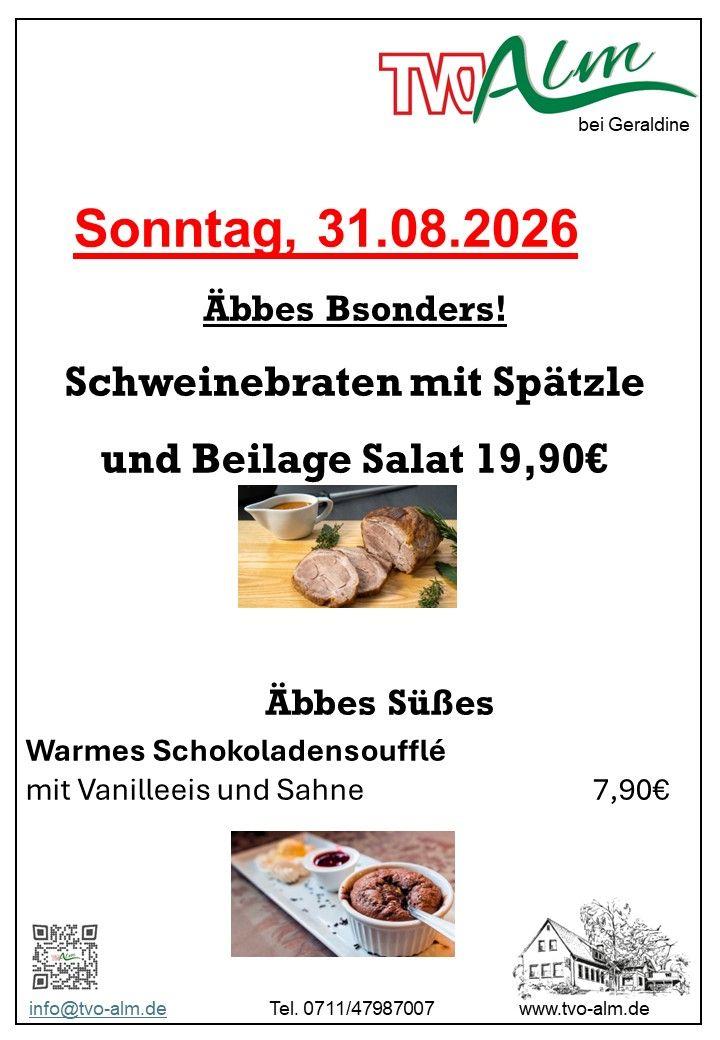 Tagesessen Sonntag 31.08.2026